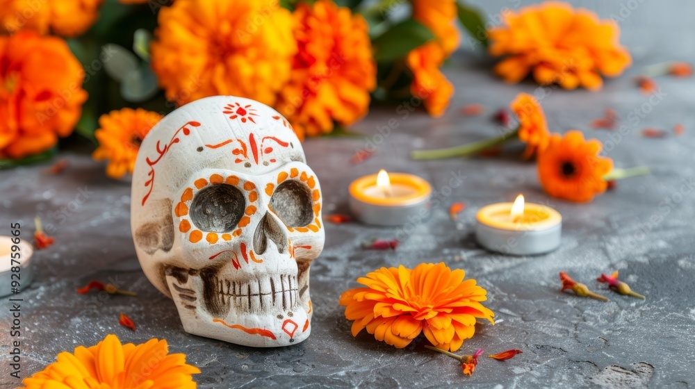 A skull is placed on a table with orange flowers and candles A skull is placed on a table with orange flowers and candles