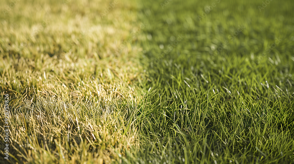 Plain green grass and lighter grass from the sun next to each other, contrasting colors. Plain green grass and lighter grass from the sun next to each other, contrasting colors.