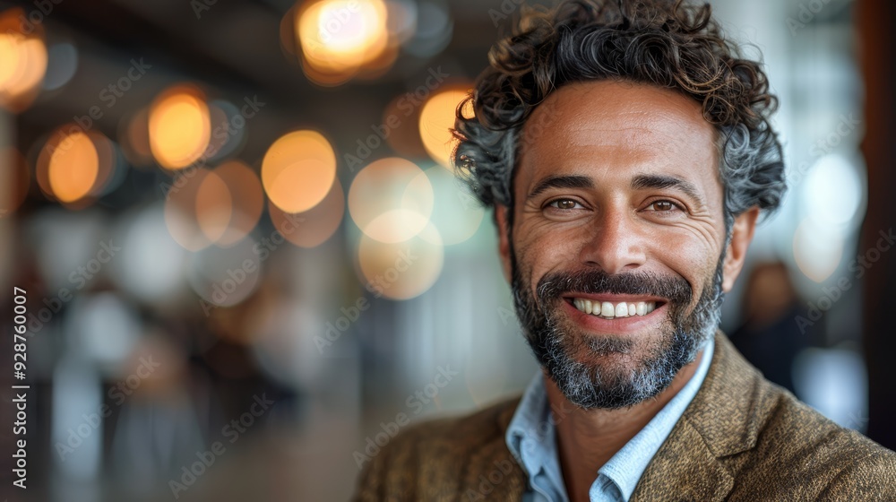 A smiling man with curly hair poses confidently in a modern café during the day A smiling man with curly hair poses confidently in a modern café during the day