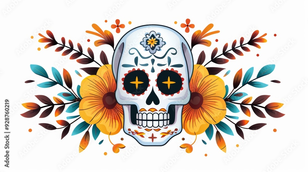 A skull with flowers and leaves surrounding it A skull with flowers and leaves surrounding it