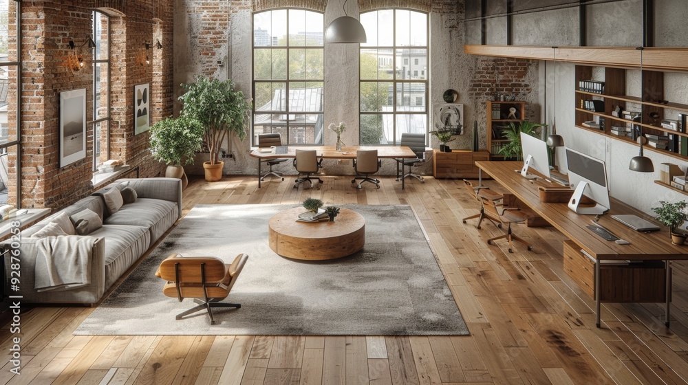 Modern industrial office interior with a cozy lounge area and large windows in a spacious loft during daylight Modern industrial office interior with a cozy lounge area and large windows in a spacious loft during daylight