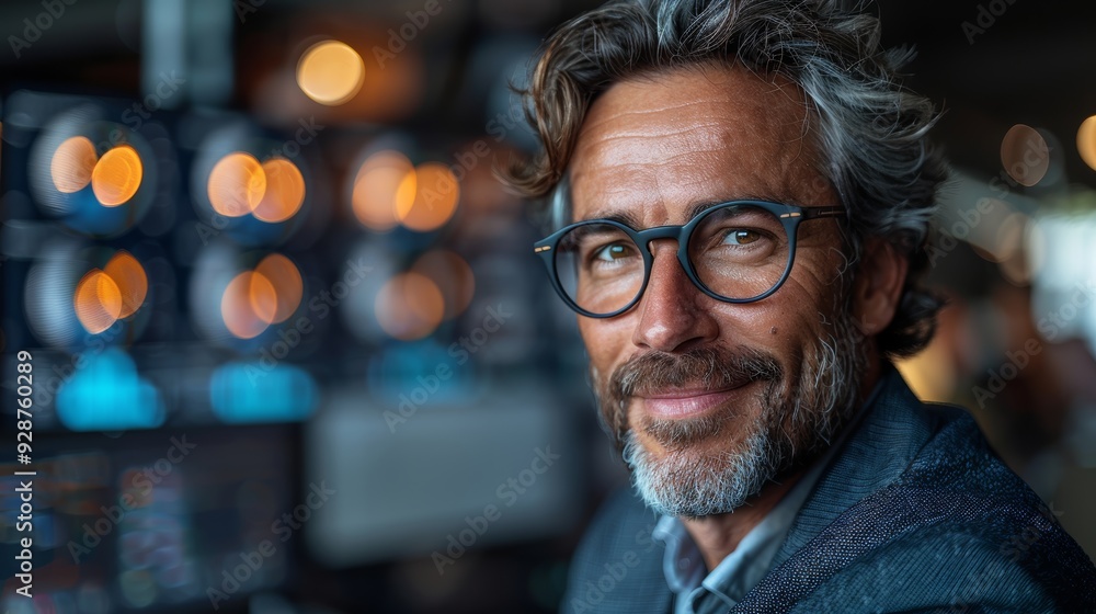A smiling man with glasses sits at a control panel surrounded by lights in a modern workspace during the evening A smiling man with glasses sits at a control panel surrounded by lights in a modern workspace during the evening