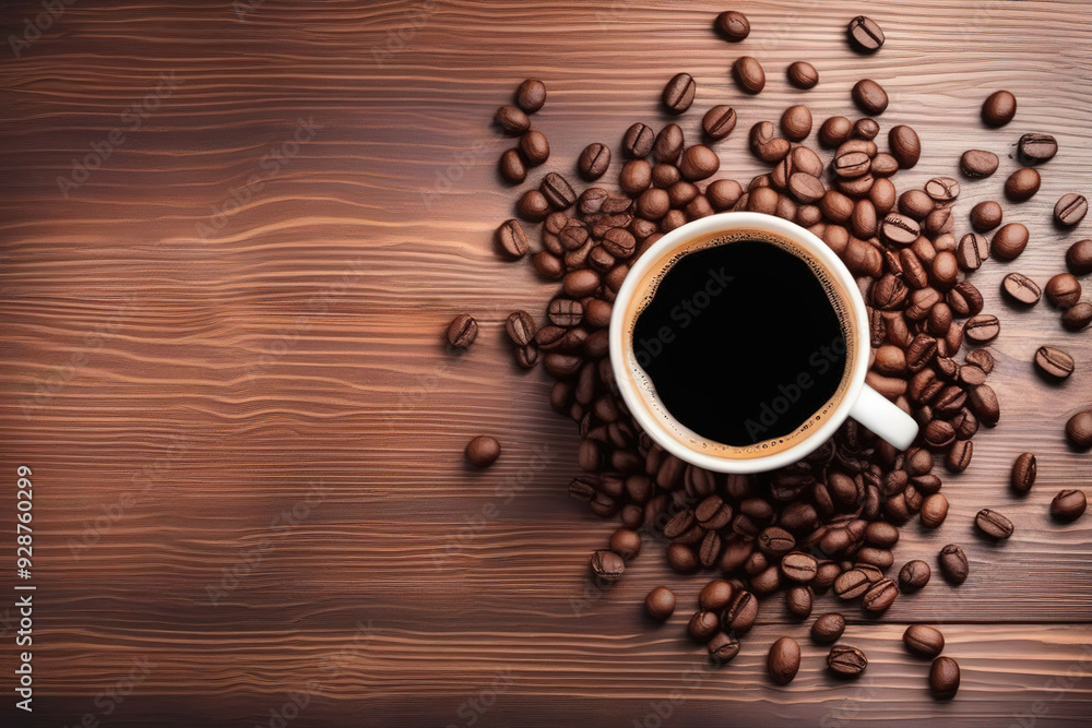 Coffee cup and beans on wood table. Coffee cup and beans on wood table.
