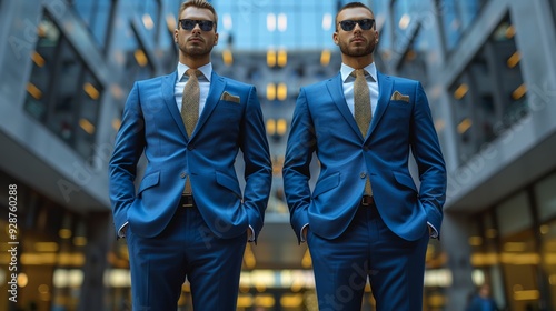 Two men in blue suits with sunglasses standing confidently in a modern urban setting during the day photo