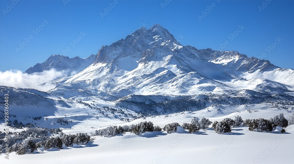 Breathtaking panoramic view of a majestic mountain range covered in pristine snow with a clear and tranquil blue sky stretching overhead creating a serene and natural landscape Breathtaking panoramic view of a majestic mountain range covered in pristine snow with a clear and tranquil blue sky stretching overhead creating a serene and natural landscape