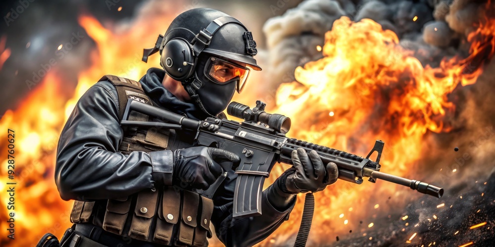 SWAT Officer with Rifle in Front of Exploding Fire, soldier, special forces, combat, action SWAT Officer with Rifle in Front of Exploding Fire, soldier, special forces, combat, action