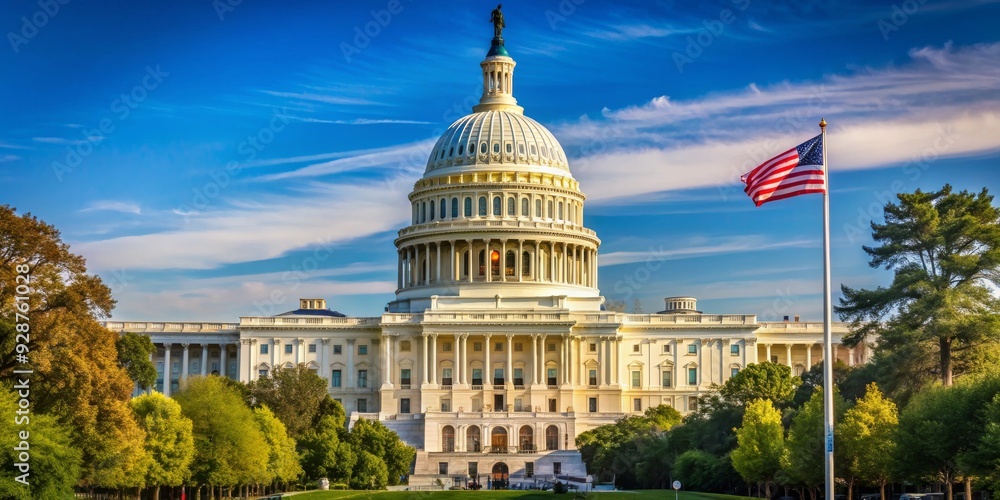 Fototapeta premium The Capitol Building under a Blue Sky, with a Flagpole and a Flag in the Foreground, Washington D.C. , American Flag, Capitol Building, Washington DC