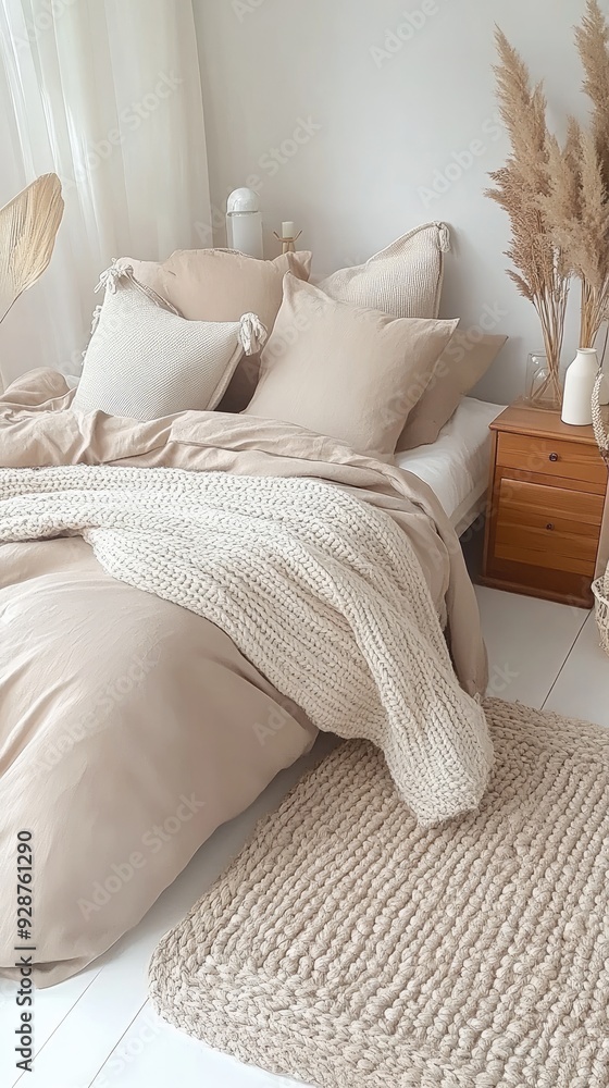 The cozy bedroom blends natural materials with a calming color palette, featuring a jute rug, linen bed sheets, and elegant decor elements The cozy bedroom blends natural materials with a calming color palette, featuring a jute rug, linen bed sheets, and elegant decor elements