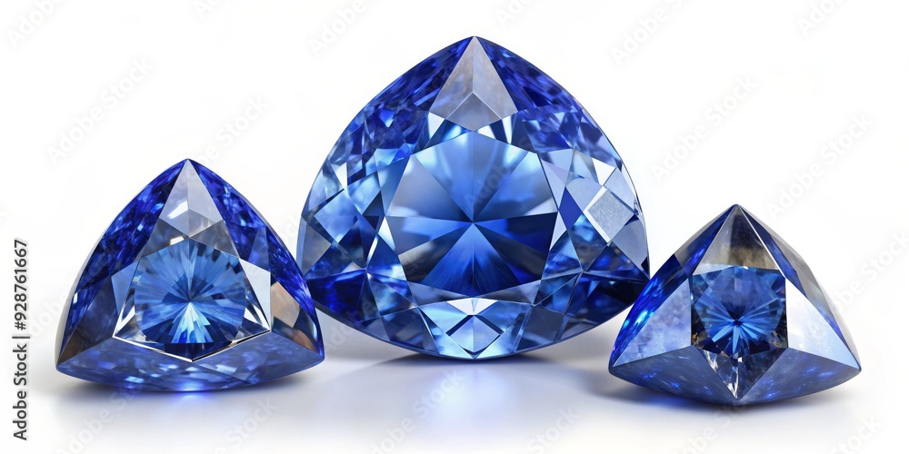 Three Blue Sapphires, Pear and Trillion Cut, 3D Render, Gemstone, Jewelry, Gem, Diamond Three Blue Sapphires, Pear and Trillion Cut, 3D Render, Gemstone, Jewelry, Gem, Diamond