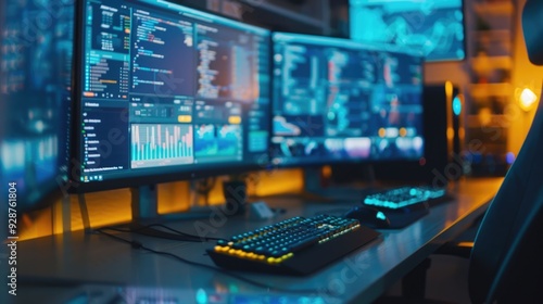 Wallpaper Mural Dual monitor workspace setup with deep depth of field highlighting an organized and minimalist office environment designed for efficient multitasking and increased productivity Torontodigital.ca