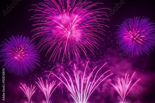 Pink and Purple Fireworks Display for New Year Celebration 2025 with Festive Explosions. photo