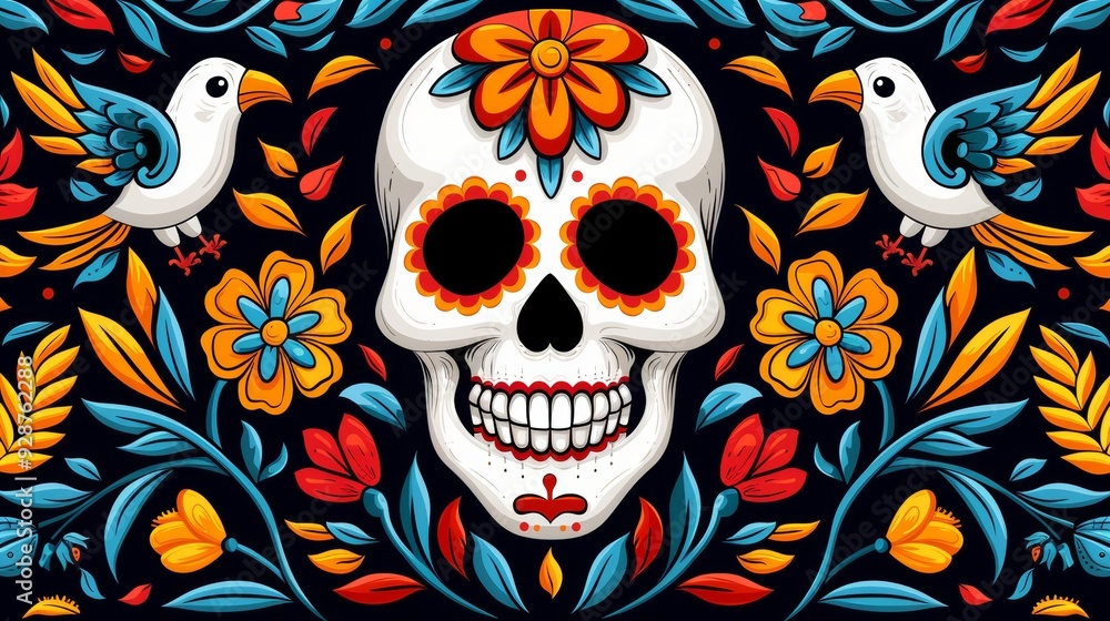 A colorful skull with flowers and birds is the main focus of this image A colorful skull with flowers and birds is the main focus of this image
