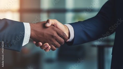 Two business colleagues in a sleek conference room exchanging a handshake, 