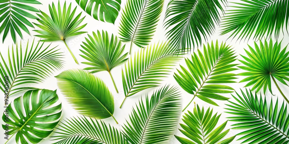 Naklejka premium Tropical Palm Leaf Composition - Flatlay, White Background, Green Foliage, Summer Vibes, Palm Tree, Tropical, Leaves