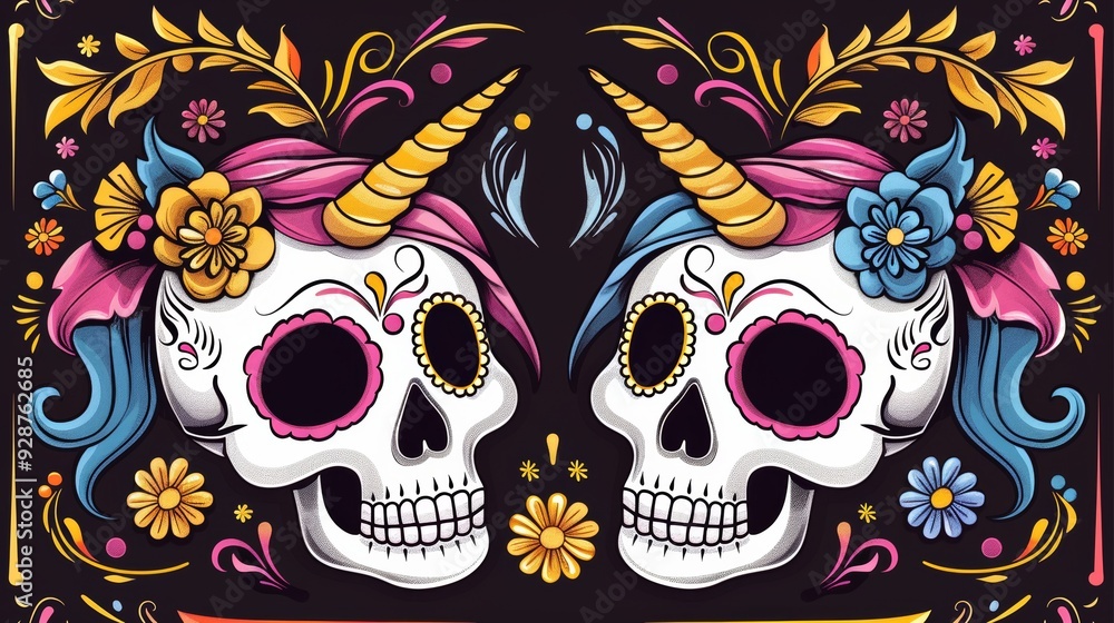 Two skulls with flowers and unicorn on top Two skulls with flowers and unicorn on top