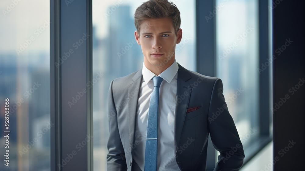 Young man standing in front of a large window with city views, Young man standing in front of a large window with city views,