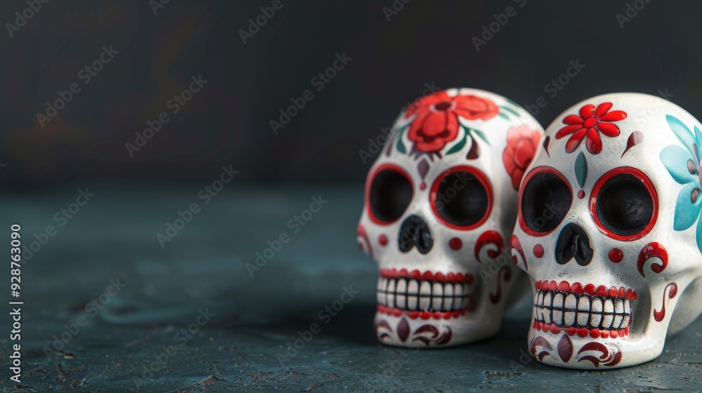 Two skulls with red flowers on them are on a dark background Two skulls with red flowers on them are on a dark background