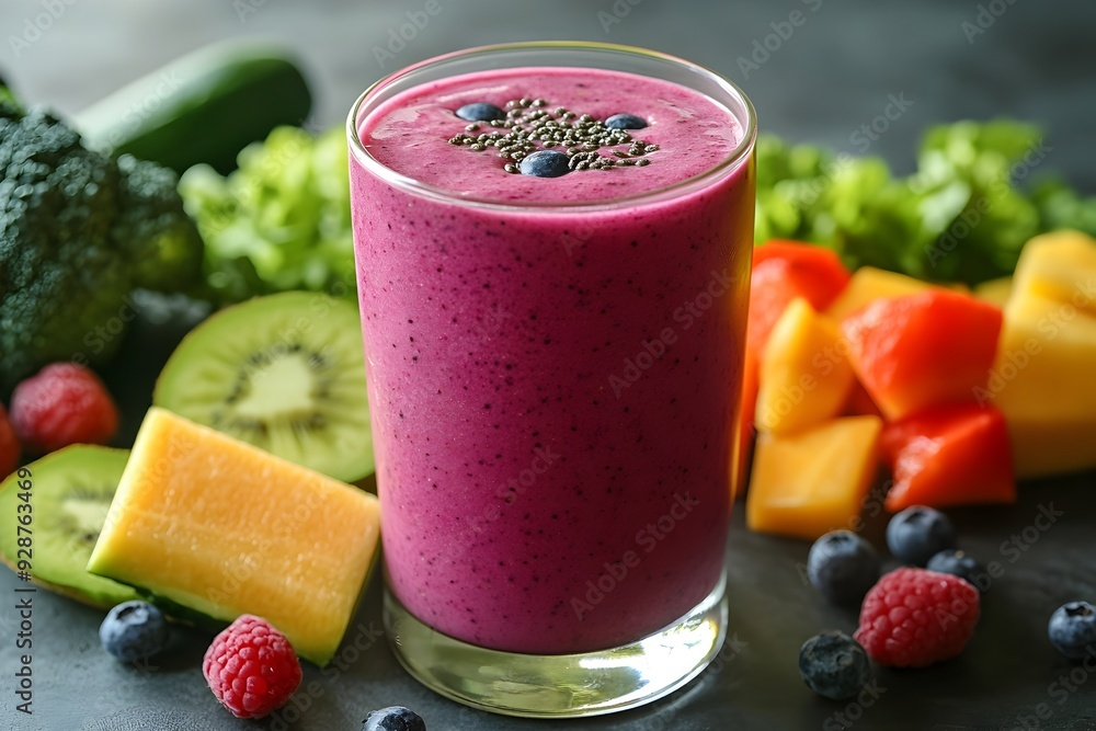Vibrant Smoothie Drink in Transparent Glass Surrounded by Assorted Ripe Fruits and Vegetables Highlighting Healthy Nutritious and Wellness Focused Lifestyle Vibrant Smoothie Drink in Transparent Glass Surrounded by Assorted Ripe Fruits and Vegetables Highlighting Healthy Nutritious and Wellness Focused Lifestyle