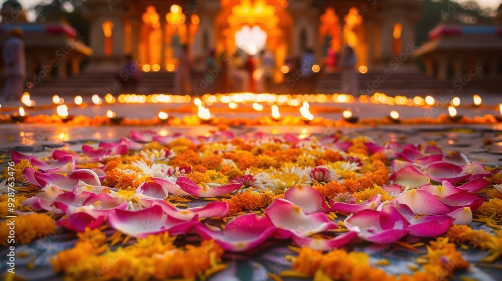 Floral Rangoli: Vibrant Petals at the Temple Entrance for Diwali
Floral Rangoli: Vibrant Petals at the Temple Entrance for Diwali