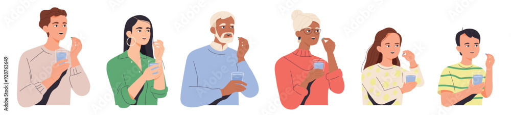 Set of people taking pill. Elderly grandparent, adult men and women and young children take medications to treat illnesses. Pharmacy and medicine. Flat vector illustration isolated on white background