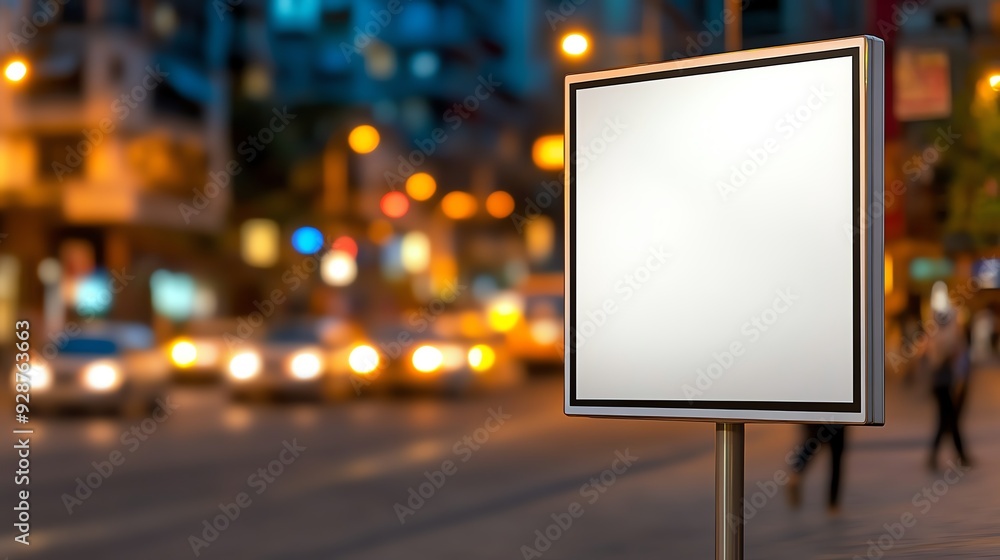 A blank signboard in a bustling city at night, illuminated by surrounding lights. Perfect for urban advertising concepts. A blank signboard in a bustling city at night, illuminated by surrounding lights. Perfect for urban advertising concepts.