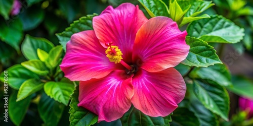Vibrant Pink Hibiscus Flower in Full Bloom, Closeup, Macro Photography, Lush Green Foliage, Tropical, Hibiscus, Flower