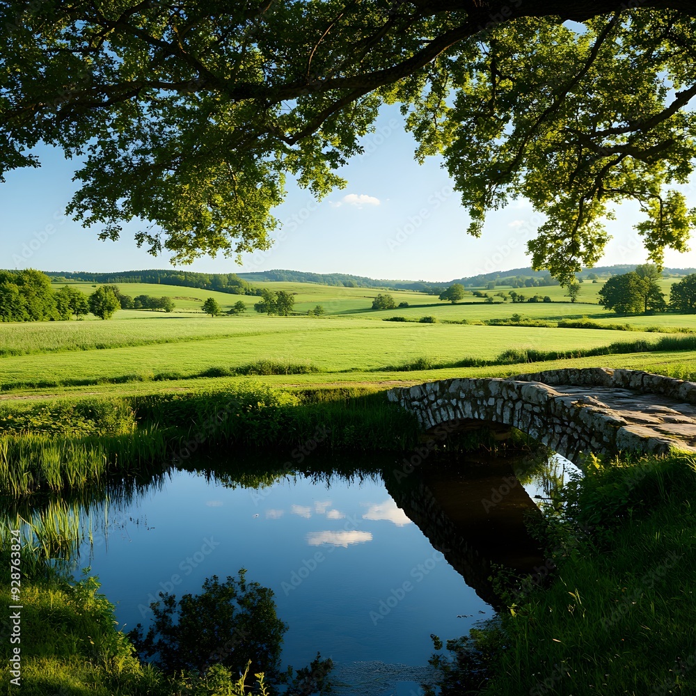 Picturesque countryside view with a stone bridge spanning a reflective pond in the foreground, surrounded by open fields and trees, close-up Picturesque countryside view with a stone bridge spanning a reflective pond in the foreground, surrounded by open fields and trees, close-up