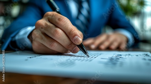 Business professional analyzing financial data while writing notes in a modern office setting during the afternoon photo