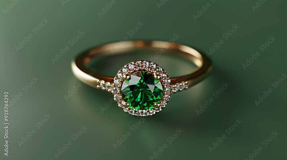 Emerald and diamond ring on a solid forest green background Emerald and diamond ring on a solid forest green background