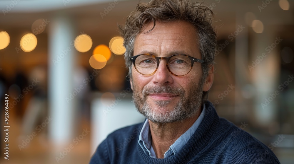 Obraz premium Mature man with glasses smiles warmly in a modern indoor setting during daylight