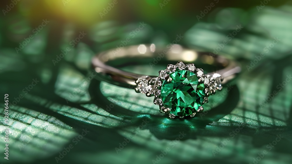 Emerald and diamond ring on a solid forest green background Emerald and diamond ring on a solid forest green background