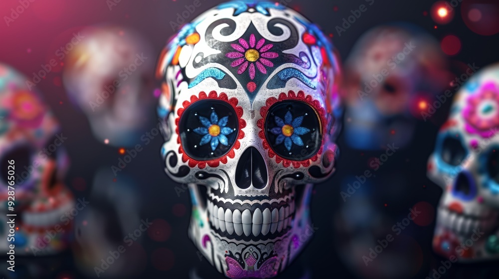 The bright colors and intricate details of the skull create a festive The bright colors and intricate details of the skull create a festive