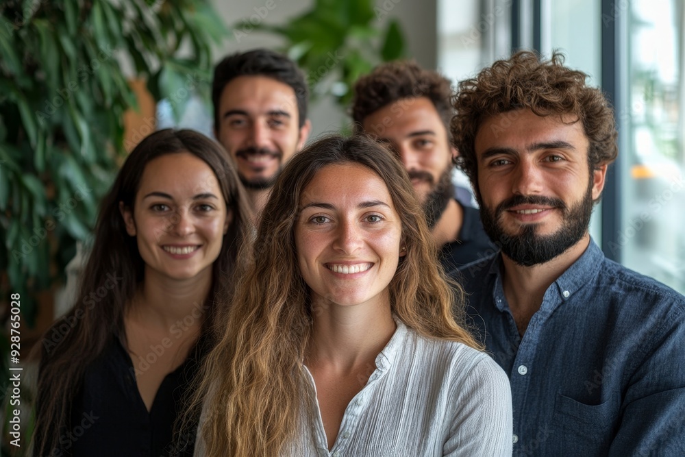Fototapeta premium Multiethnic joyful business people looking at camera inside corporate office for a group photo while working together on sustainable innovation project - Goal achievement, Generative AI