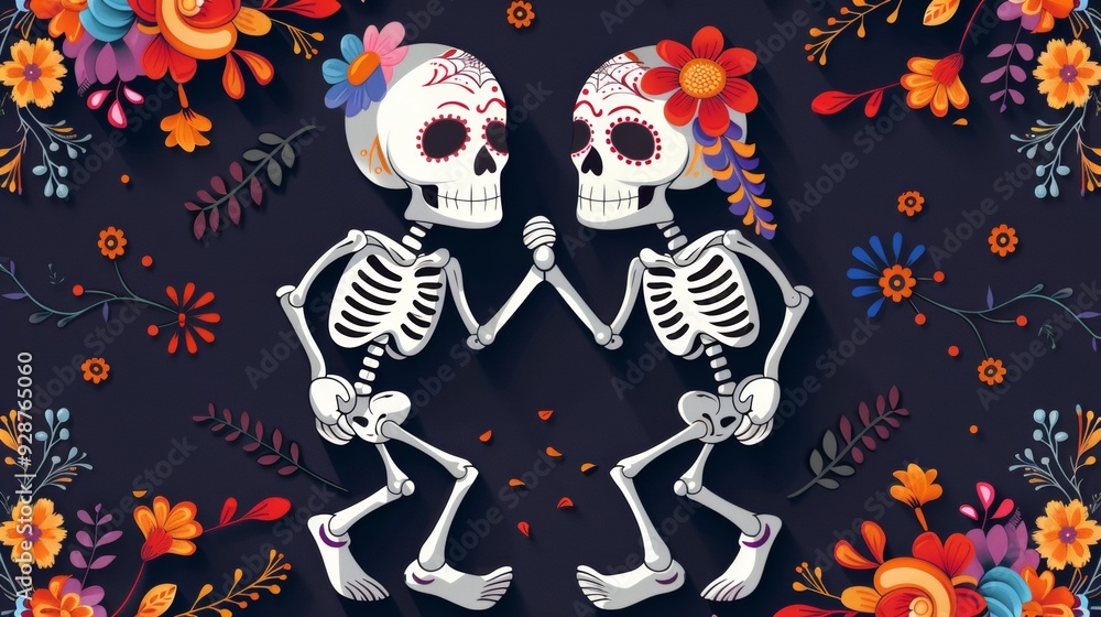 Two skeletons are holding hands in a colorful background Two skeletons are holding hands in a colorful background