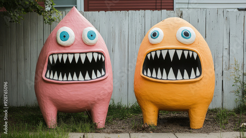 Homemade monster sculptures guarding a yard, comic style, playful horror  photo