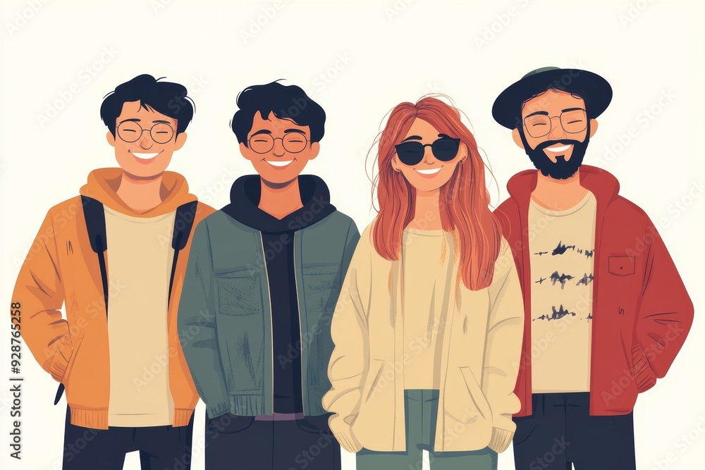 Five people, a group of friends posing for a photo. In minimalist style Cartoon flat AI Five people, a group of friends posing for a photo. In minimalist style Cartoon flat AI
