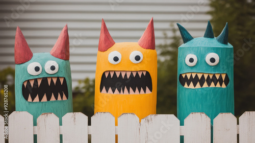 Homemade monster sculptures guarding a yard photo