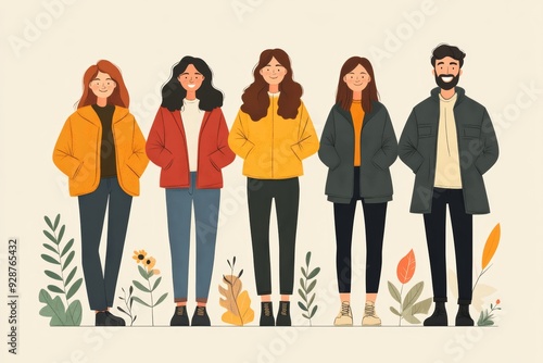 Wallpaper Mural Five people, a group of friends posing for a photo. In minimalist style Cartoon flat AI Torontodigital.ca