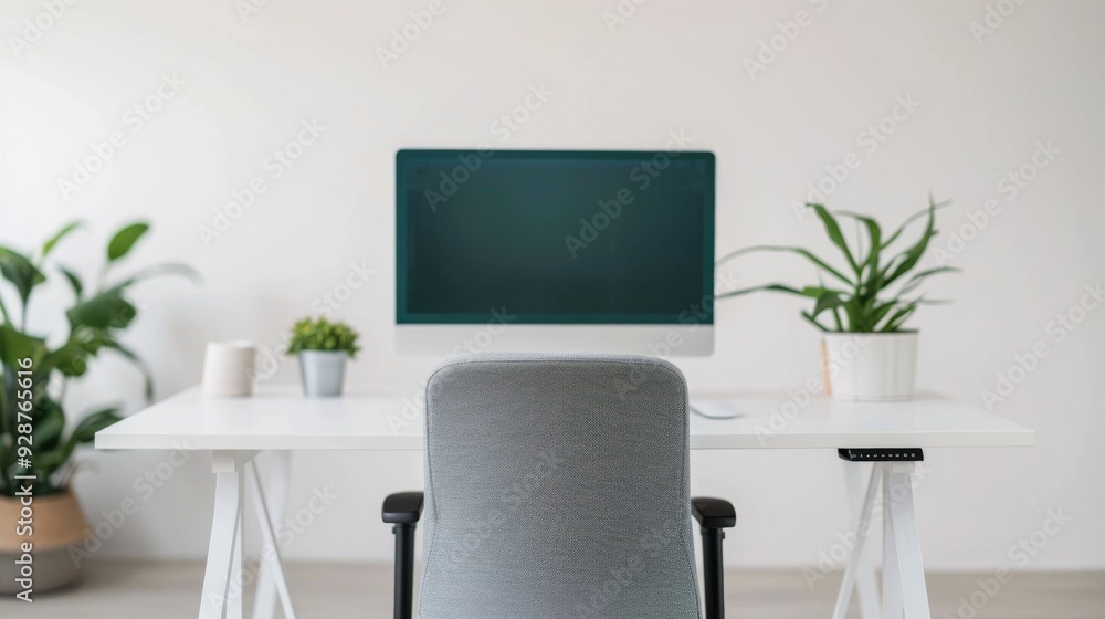 Fototapeta premium Ergonomic and Modern Workspace with Deep Depth of Field Desk Setup and Comfortable Stylish Chair for Productivity and Creativity