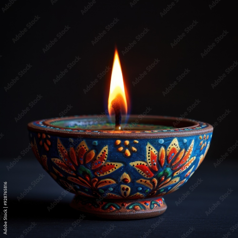 Close-Up of a Colorful Clay Diya Lamp with Bright Flame Against Deep Black Background, Creating a Serene Festive Atmosphere
Close-Up of a Colorful Clay Diya Lamp with Bright Flame Against Deep Black Background, Creating a Serene Festive Atmosphere