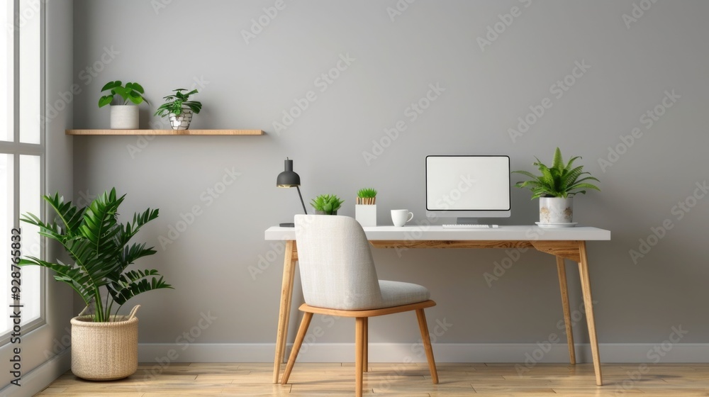 A tranquil and stylish home office space featuring a clean desk laptop and an abundance of lush vibrant plants creating a calming productive atmosphere A tranquil and stylish home office space featuring a clean desk laptop and an abundance of lush vibrant plants creating a calming productive atmosphere