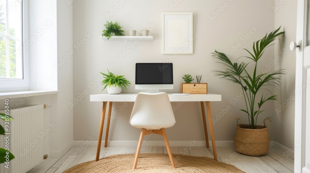 Bright and airy home office with lush houseplants modern minimalist desk setup and deep depth of field creating a serene productive and work environment Bright and airy home office with lush houseplants modern minimalist desk setup and deep depth of field creating a serene productive and work environment