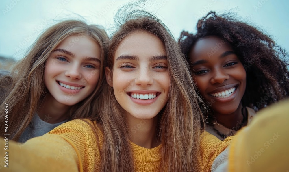 A group of young people friends of different nationalities taking selfies and smiling. Portrait, close-up. Group photo, Generative AI A group of young people friends of different nationalities taking selfies and smiling. Portrait, close-up. Group photo, Generative AI