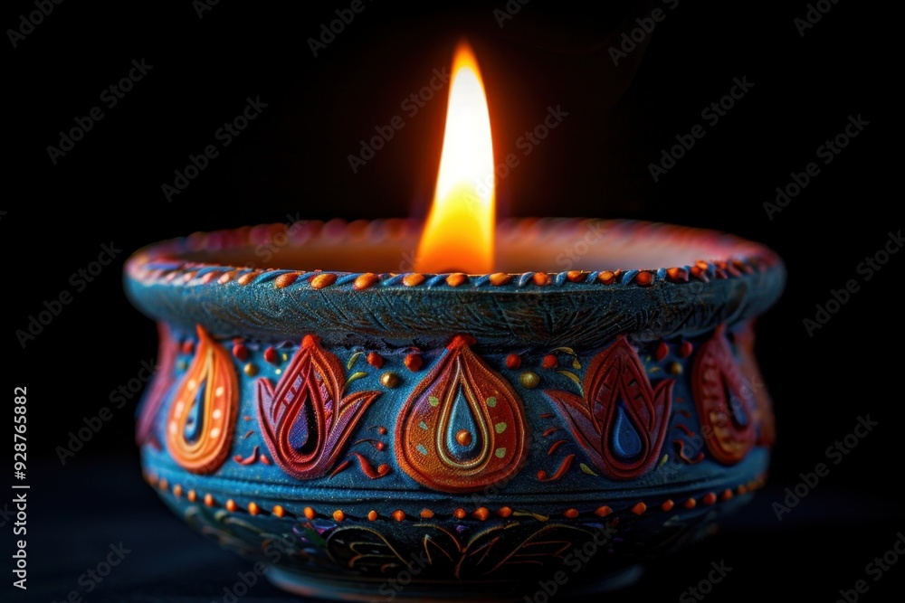 Close-Up of a Colorful Clay Diya Lamp with Bright Flame Against Deep Black Background, Creating a Serene Festive Atmosphere
Close-Up of a Colorful Clay Diya Lamp with Bright Flame Against Deep Black Background, Creating a Serene Festive Atmosphere