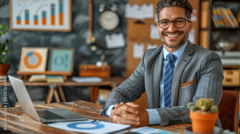 A professional man in a suit smiling at his desk with a laptop and charts in a modern office A professional man in a suit smiling at his desk with a laptop and charts in a modern office