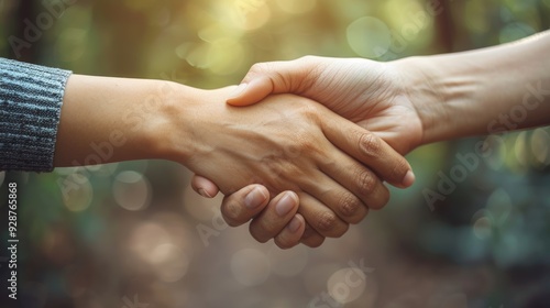 Two people shaking hands in a forest during the daytime