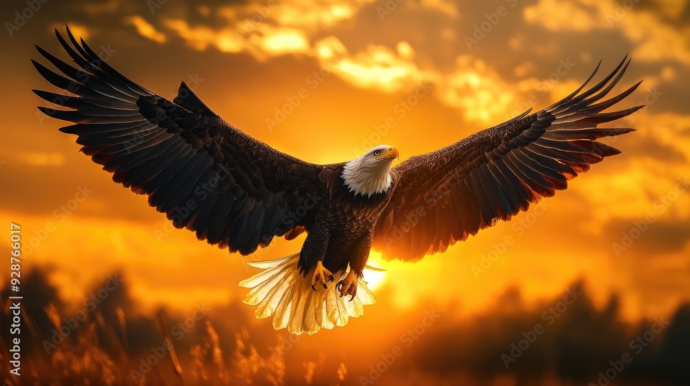 Obraz premium a bald eagle with outstretched wings against a rising sun for a beautiful view scene