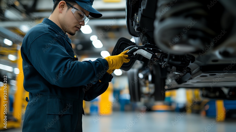 A mechanic working diligently on a vehicle, showcasing skill and precision in an automotive workshop environment. A mechanic working diligently on a vehicle, showcasing skill and precision in an automotive workshop environment.