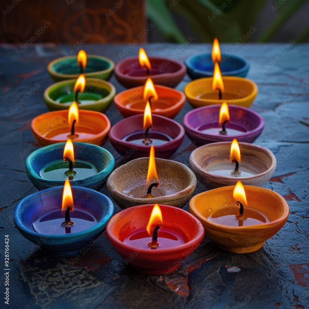 Multiple Colorful Clay Diyas in Circular Pattern, Softly Glowing on Dark Surface with Shadows Enhancing Vibrant Colors
Multiple Colorful Clay Diyas in Circular Pattern, Softly Glowing on Dark Surface with Shadows Enhancing Vibrant Colors