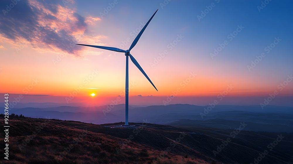 Fototapeta premium Majestic wind turbine elegantly rotating against a breathtaking sunset sky harnessing the power of renewable energy in a serene and captivating natural setting